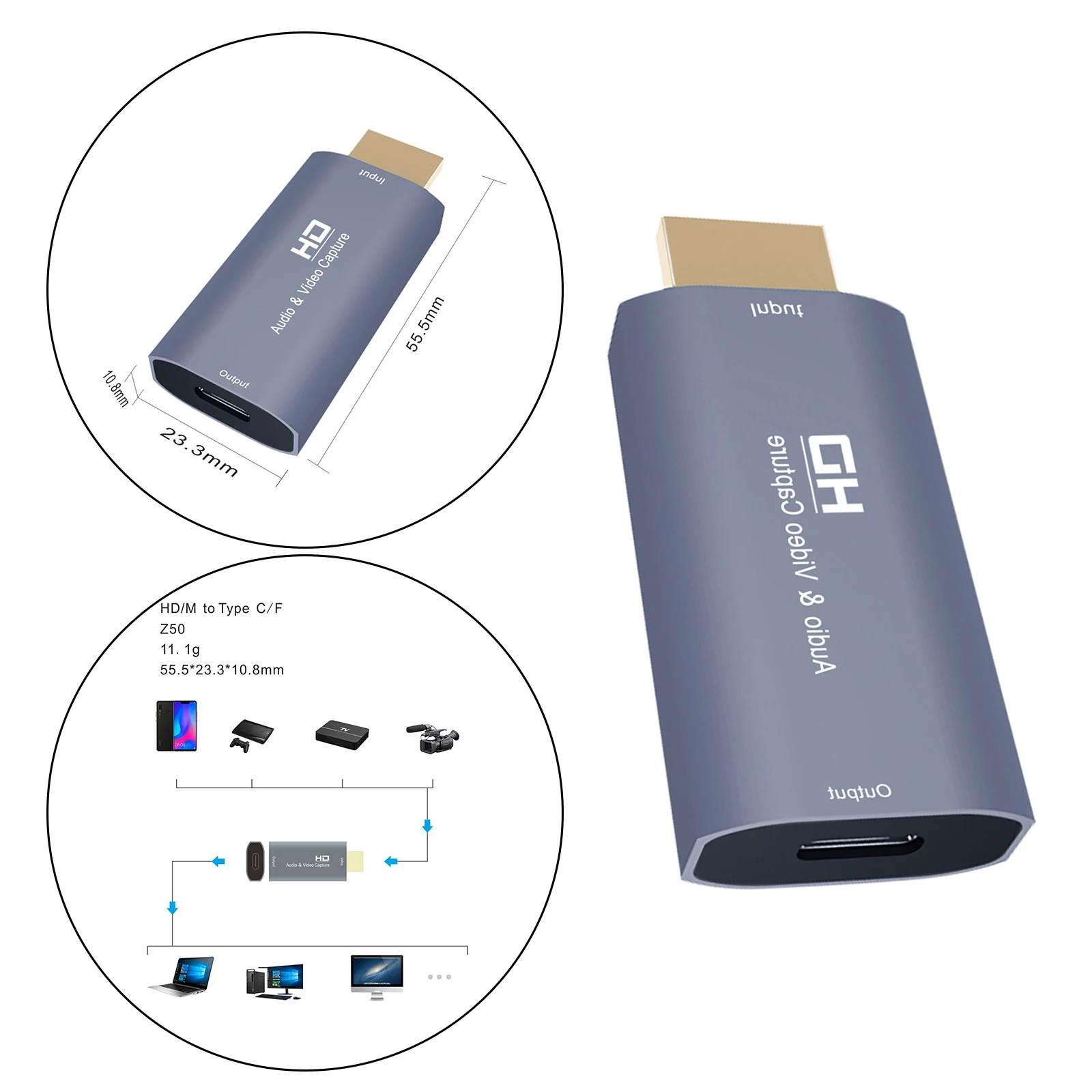 HD to Type C Audio Video Capture Card, USB-C 4K 1080P for Live Streaming Recording for PC Phone