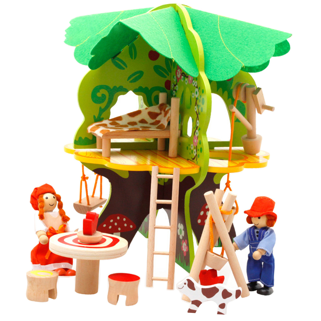 DIY Wooden Dollhouse Tree House Miniature Doll Figures Furniture Project Construction Kits Kids Building Toy Early Learning