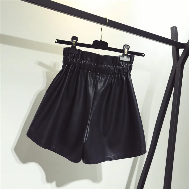 New High Waist Lace Up Shorts Flower Bud Wide Leg Leather Shorts Autumn Winter Korean Loose High Street Black Sexy Women Shorts versace jeans couture