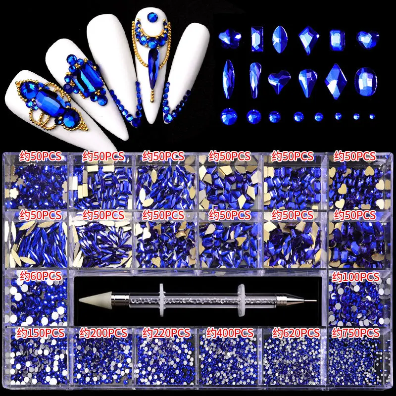 Flatback Nail Art Rhinestone Set With Gift Box Mixed Sizes NailArt Crystal Diamond In Grids 21 Special Shaped With Pick Up Pen
