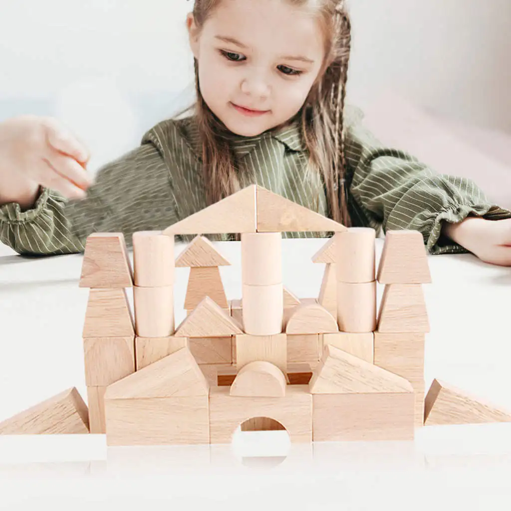 Geometric Wood Building Blocks Learning Shape Cognition Fine Motor Skills Construction Game Boys Girls Kids Children Preschool