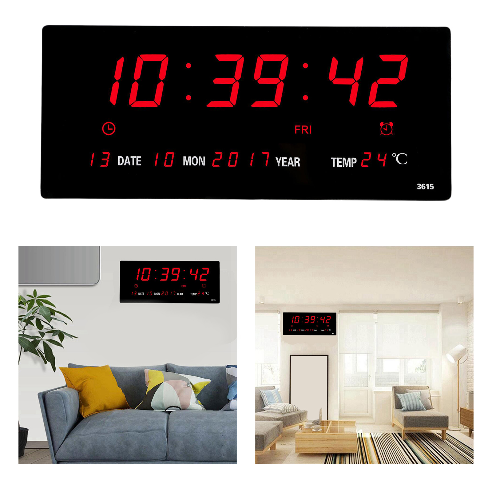 Extra Large LED Screen Alarm Clock 12H 24H Time Indoor Thermometer Projection Clocks, Year/Day/Month Displaying, USB