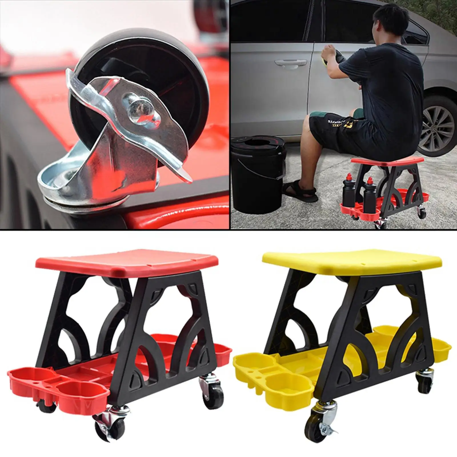 Car Detailing Stool Chair Wheels Roller Creeper Seat with Storage Holder for Wax Polishing Projects