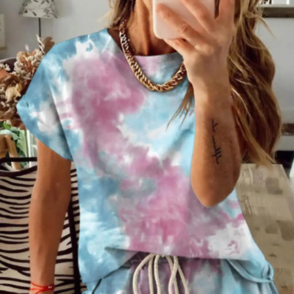 co ord sets women Top Shorts Suit Tie Dye Print Elastic Waist Shorts Two Piece Set Women Casual Short Sleeve Tracksuits Outfits for Daily Life tracksuit for women