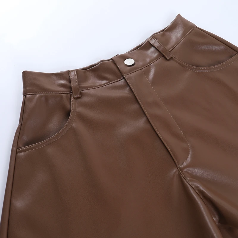 PU Leather Flare Shorts 2021 Autumn Winter Fashion Women High Waist Button Up Wide-Leg Shorts Office Suit Solid Black/Khaki biker shorts