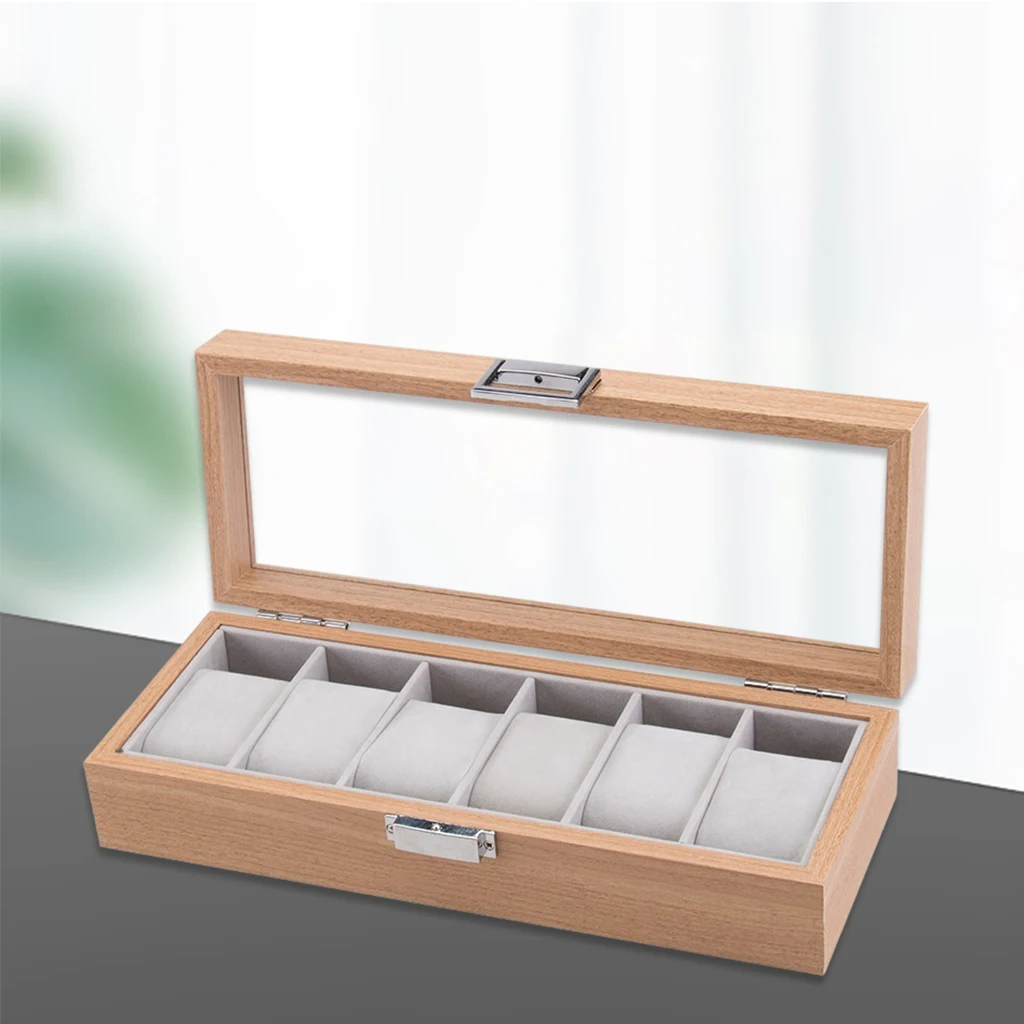 6 Slots Watch Display Case Wooden Glass Top Jewelry Storage Organizer Box . Exquisite workmanship and elegant appearance.