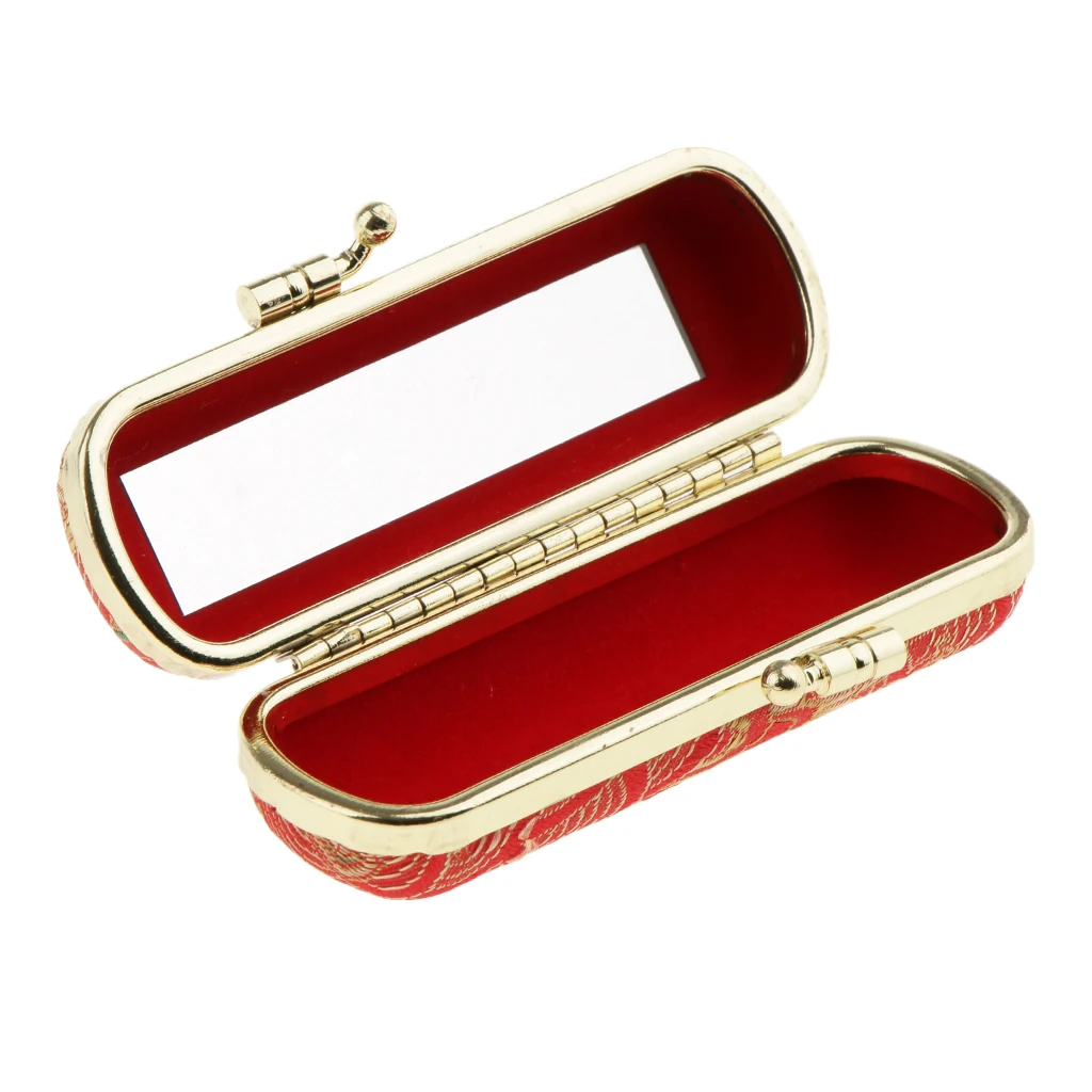 Embroidered Brocade Portable Lipstick Case Box w/ Mirror Jewelry Holder