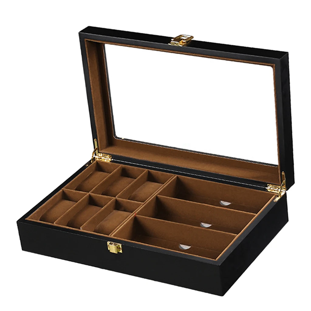 Wood Watch Glasses Storage Box Velvet Jewelry Shop Display Case Organizer