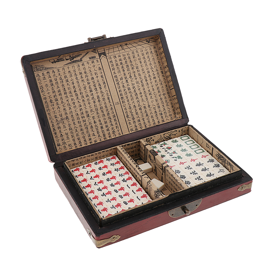 Chinese Mahjong Toy Set, Classic Board Game 144 Tiles Set with a Wooden Box and Manual