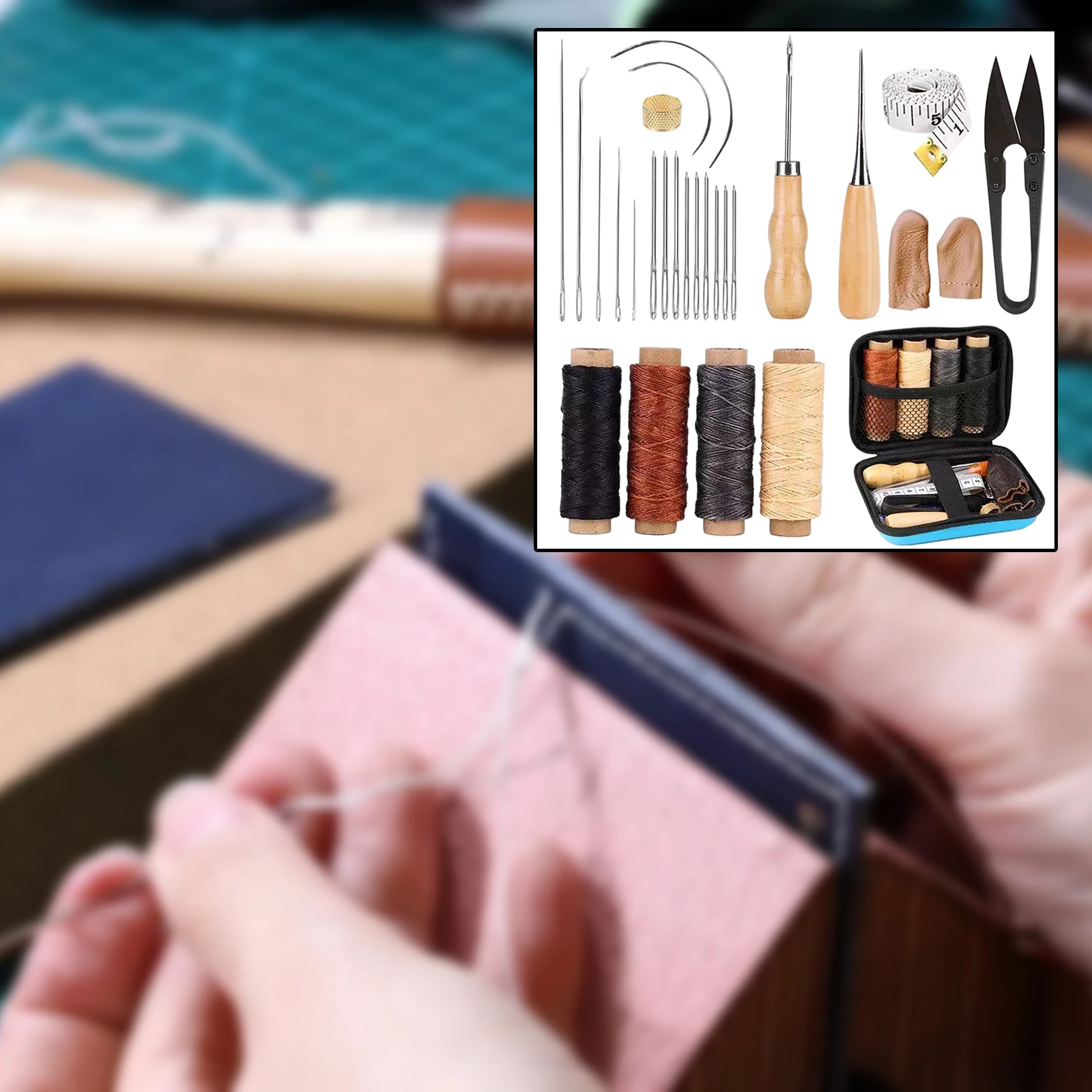 28x Leather Craft Kit DIY Sewing Sewing Cutting Tools Manual Puncher Threaded Awl Wax Thimble Stamping Scraper Kit Leathercraft