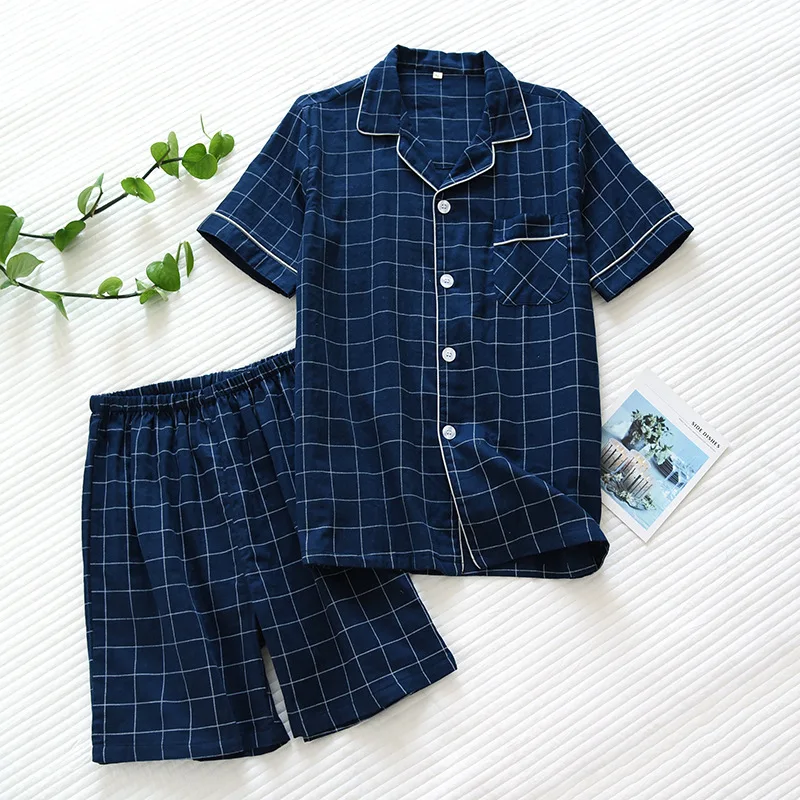 Summer new men's pajamas two-piece 100% cotton gauze short-sleeved shorts simple plaid loose casual breathable home service suit best mens pajamas