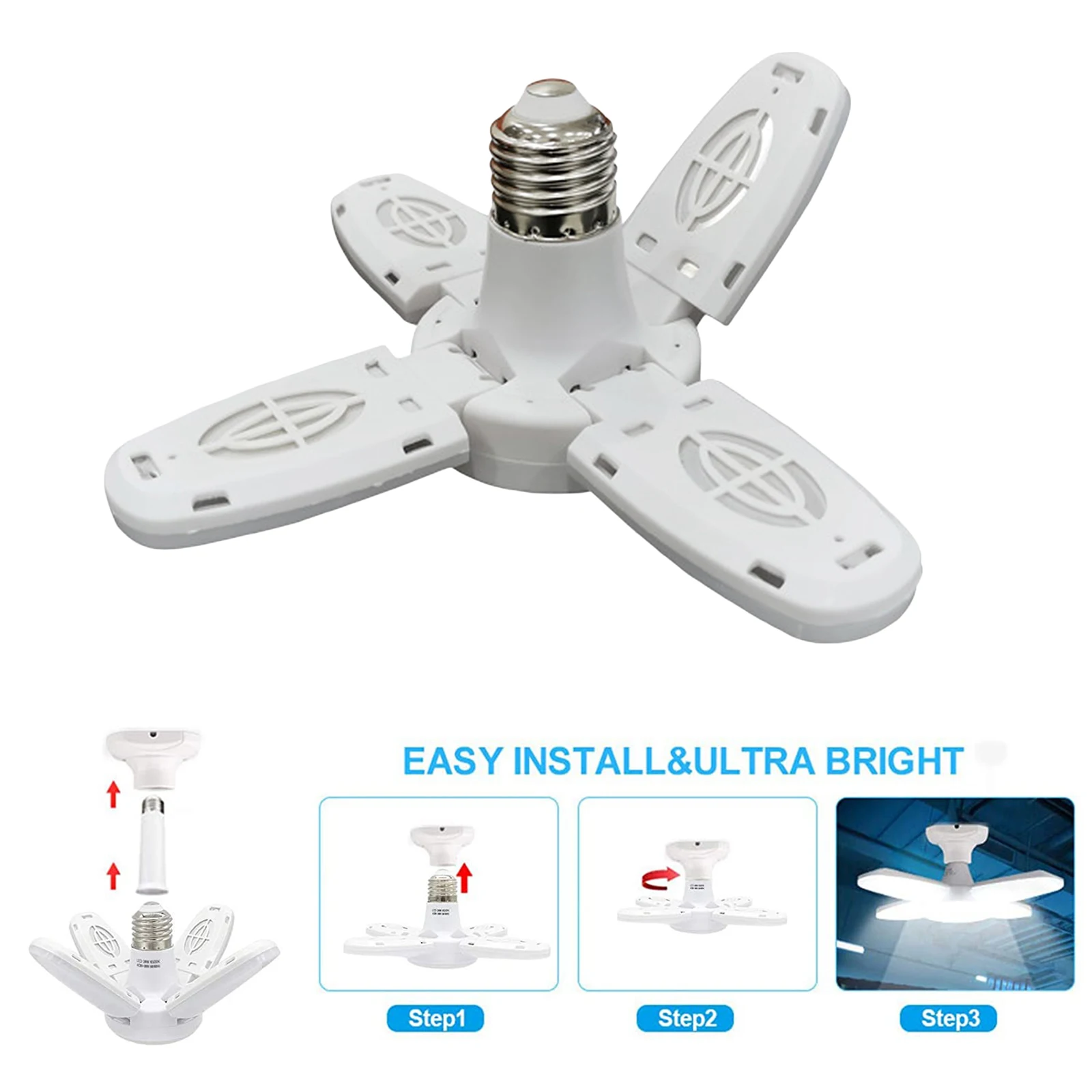 Premium E27 LED Garage Light Bulb Deformable 4 Foldable Fan Lamp Lighting