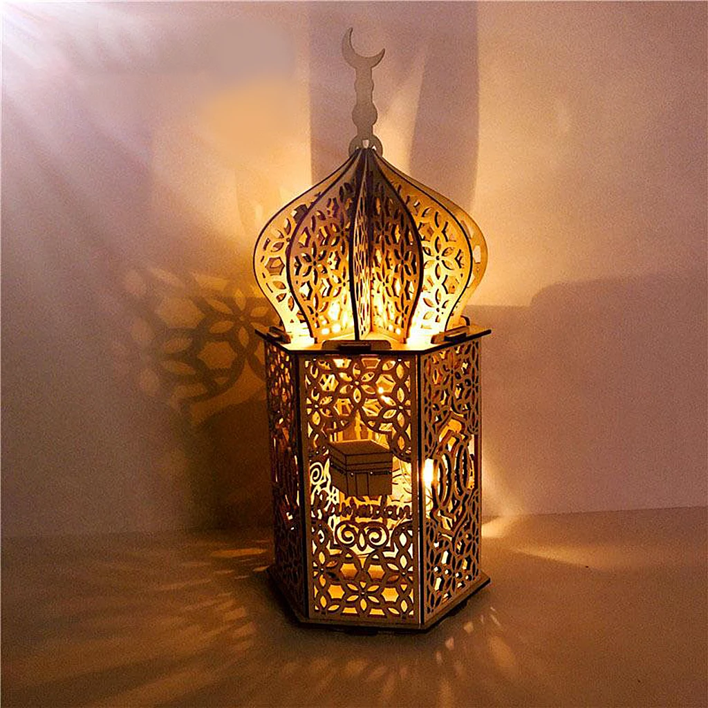 Muslim Wooden Lantern with LED Night Light for Winter Centerpiece Decorative Hanging Lantern Decor Gift