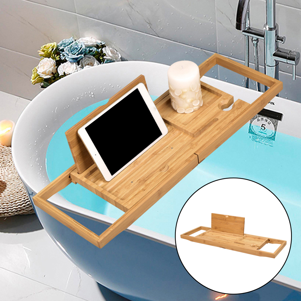 Wooden Bath Caddy Tray Extendable Bathtub Bridge Board Shelf wint Book / Tablet Stand, Wine Candle Holder