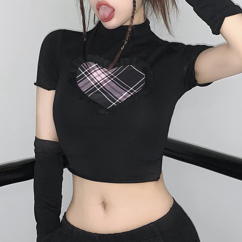 Women Short Sleeve Turtleneck Crop Top 