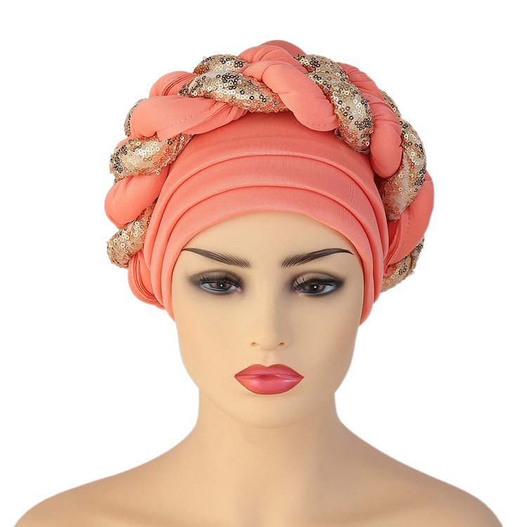 gorro africano chapéu torcido turbante feminino muçulmano lantejoulas trança cabeça envoltório cachecol shimmer plissado hijab boné aso oke auto gele