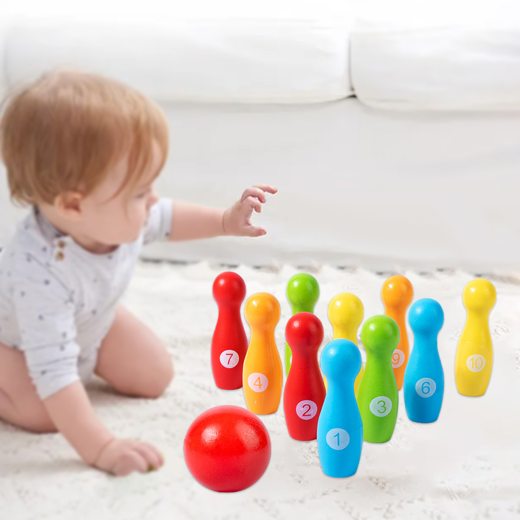 Wooden Bowling Set Skittles Toys with 10 Pins 1 Ball Educational Toy Gift for Kids