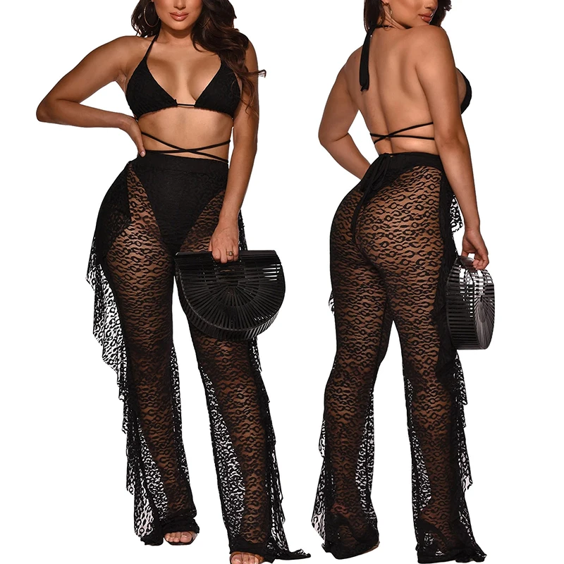 summer beach maxi dresses Women See Through Bikini Cover Ups Pants Leopard Mesh Lace Embroidery High Waist Long Trousers with Ruffles Summer Swimwear New bathing suits and cover ups