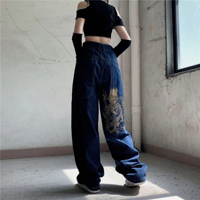 American retro street loose embroidered straight-leg jeans women 2021 new casual all-match high-waist mopping wide-leg trousers purple brand jeans