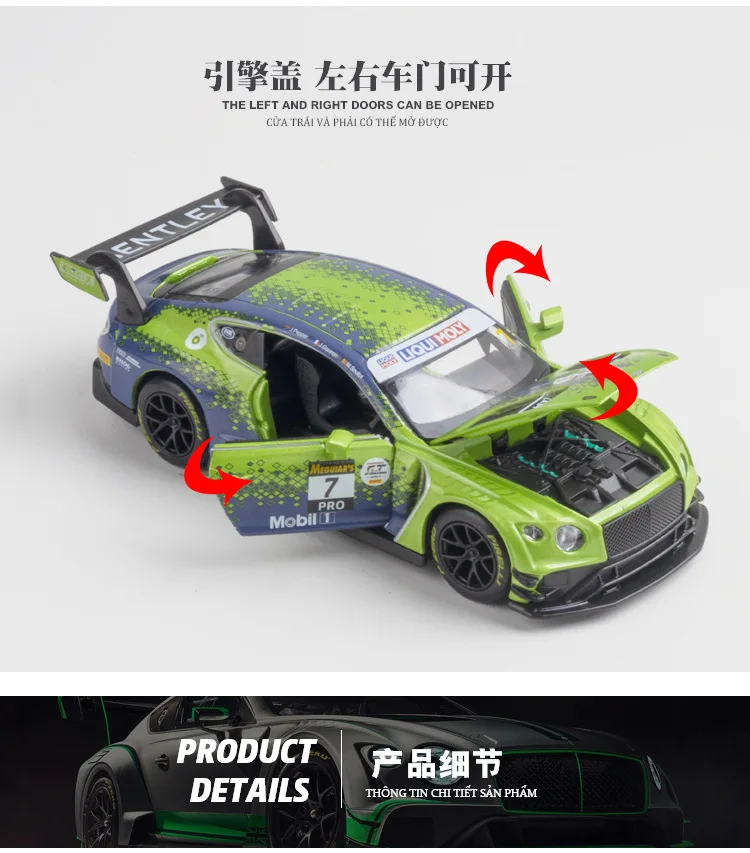 Details about   1:32 Bentley Continental GT3 Racing Car Model Car Diecast Toy Kids Green Light 