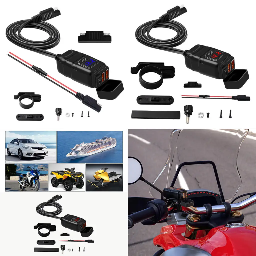 Motorcycle Handlebar Dual USB Charger Powder Adapter QC 3.0 Fast Charging With Voltmeter Power Switch for Phone Tablet GPS