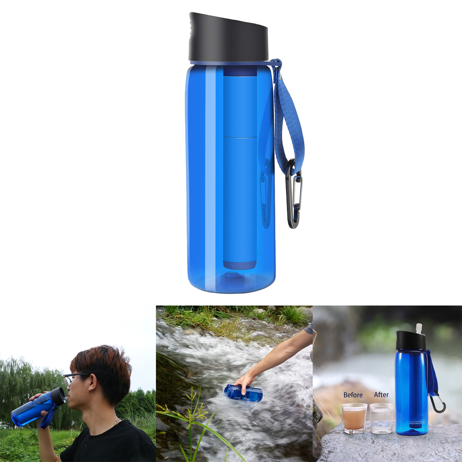 650ml Outdoor Water Filter Bottle Survival Camping Water Filtration Bottle Straw Purifier for Camping Hiking Traveling 22oz