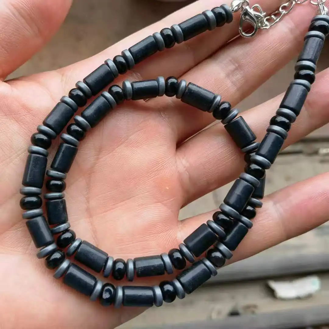 Black Wood Tube And Metallic Silver Hematite Stone Beaded Men Wire Necklace Mens