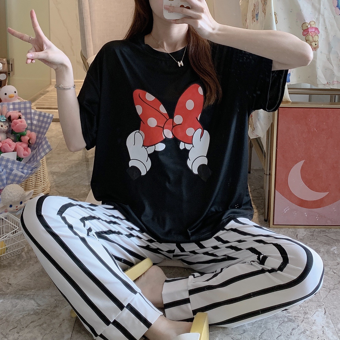 Calças de Manga Serviço de Casa Original Disney Minnie Mickey Pato Donald Daisy Curta Pijamas Feminino Solto Terno 6 regatas e camisolas