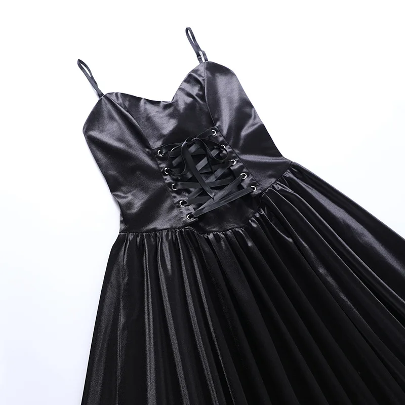 y2k Kawaii Lolita Black Mini Dress Retro Lace Patchwork High Waist Bandage Corset A-line Dress E-girl Gothis Emo Alt Clothes