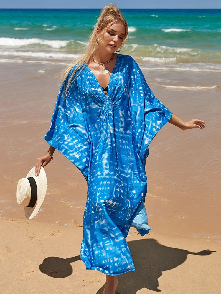 Cover up 2023 Boho Dress V neck Long Kaftan Dress for Women Beach Cover-up Sexy Loose Summer Maxi Dress Robe BeachwearTunic
