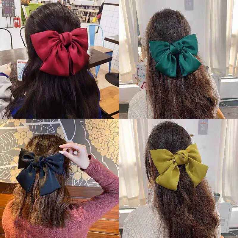 metal hair clips Vintage Big Hair Bow Ties Cute Hair Clips Satin Two Layer Butterfly Bow Hairpin Girl Hair Accessories For Women Bowknot Hairpins black head scarf