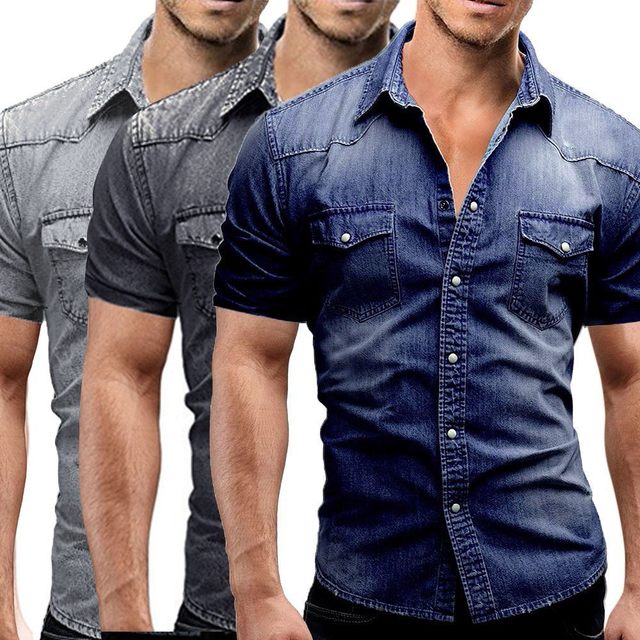 Mens Denim Shirts Short Sleeve Luxury Casual Slim Washed Cotton Multicolor  Shirt