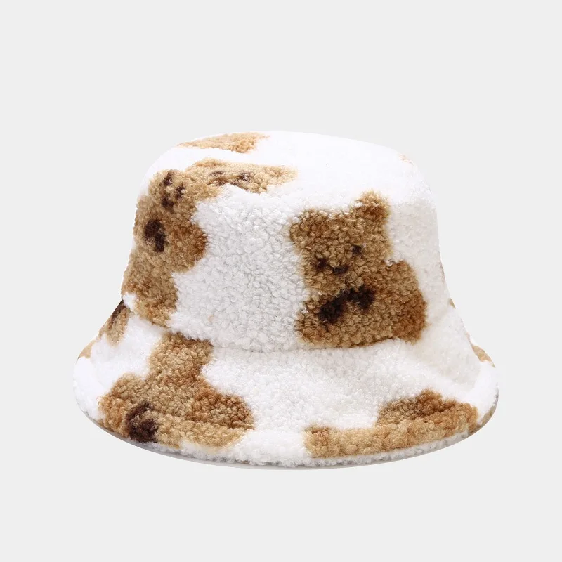 north face bucket hat Hat Female Autumn Winter Cute Bear Design Thickened Warm Bob Hat Fashionable Outdoor Lamb Wool Fisherman Hat Womens Hats black bucket hat