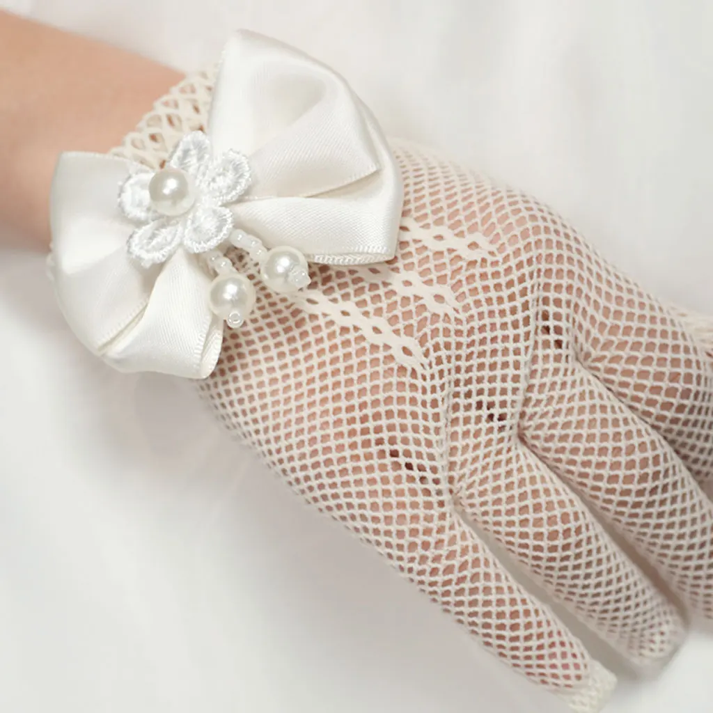 Bridal Wedding Prom Evening Party Gauze Short Gloves with Bowknot Pearl