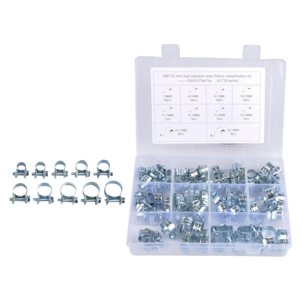 84Pcs 10 Sizes Mini Fuel Injection Style Hose Clamps Assortment Kit for  Petrol Pipe (7-18mm Range)