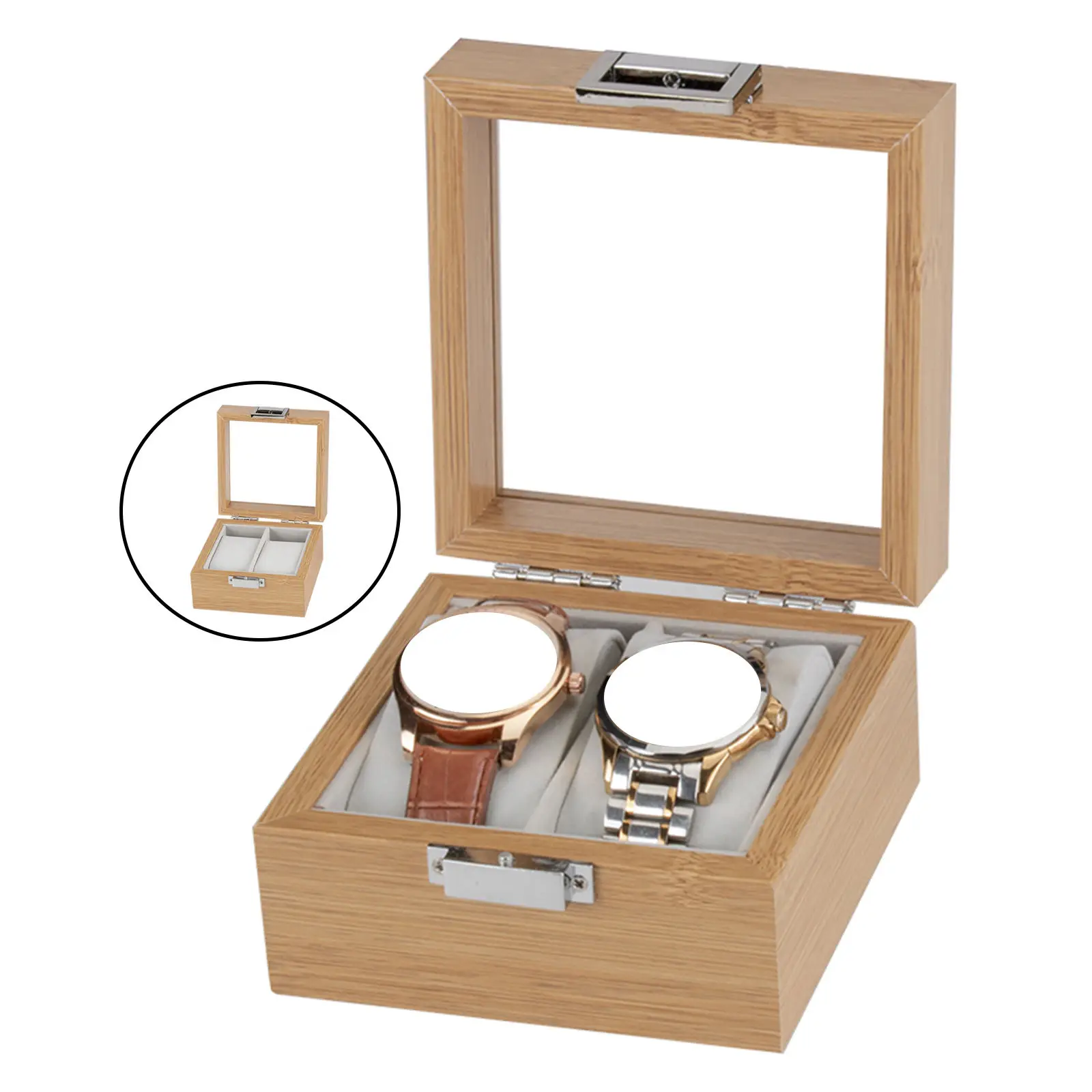 Wooden Watch Box Glass Lid Window Holds 2 Watches Detailed Lines Organizer for Men Women
