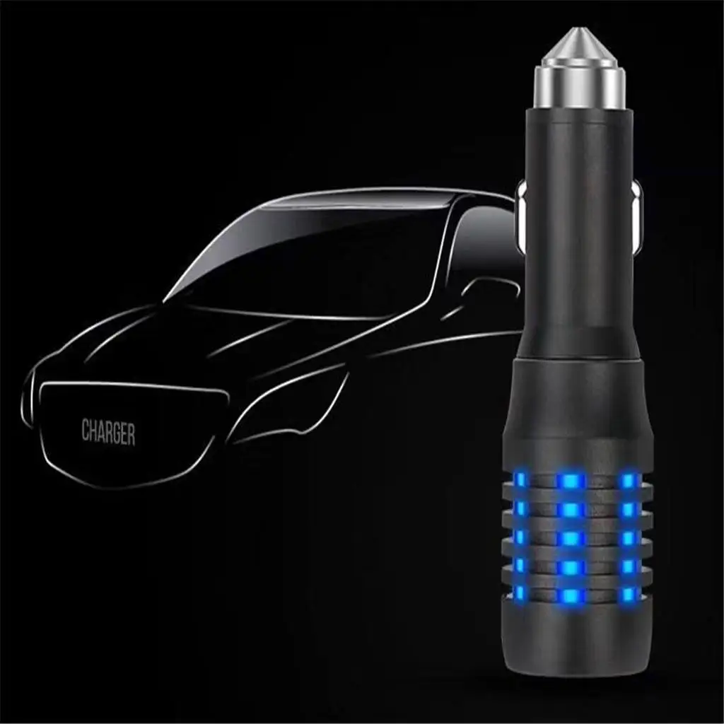 Car Charger, Dual USB Port Cigarette Lighter Adapter Safety Hammer Black