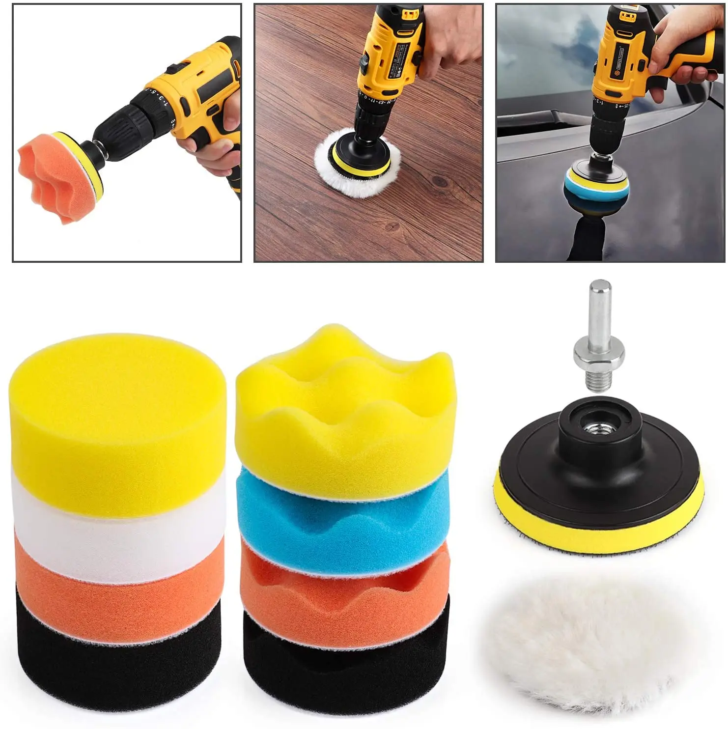 3 Inch Buffing and Polishing Pads Kit 11PCS Buffing Pads with Drill Adapter Foam Polisher Pad for Car Waxing 