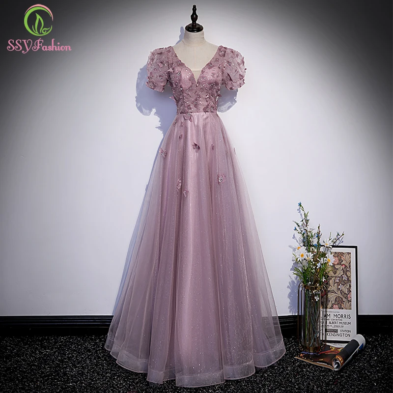 SSYFashion New Purple Evening Dress for Women Banquet Elegant V-neck A-line Puff Sleeve Flower Beading Formal Party Gowns formal evening gowns