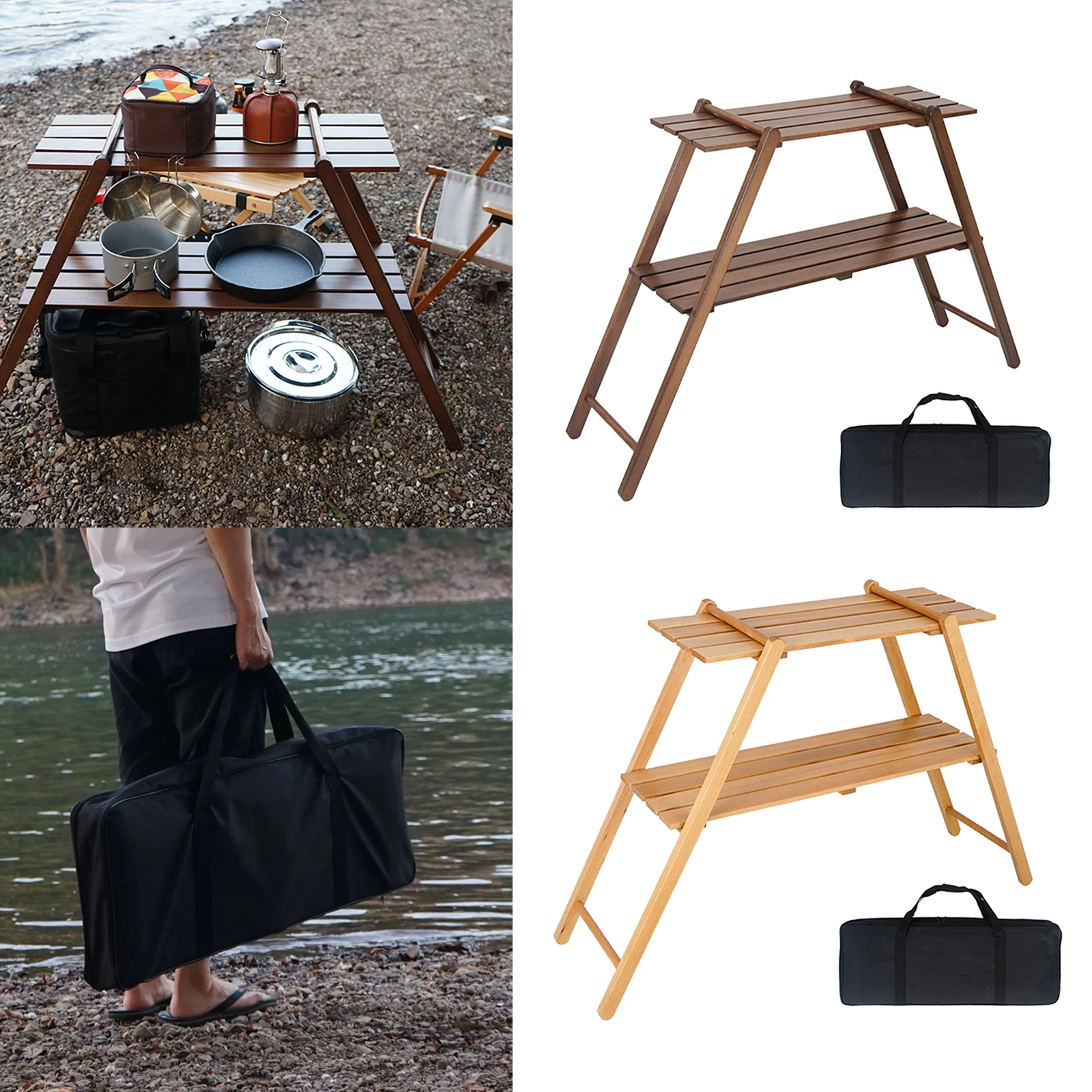 Outdoor 2 Layer Storage Stand Portable Foldable Multi-layer Shelf Camping Picnic Folding Table Hiking Picnic Bamboo Tool Rack