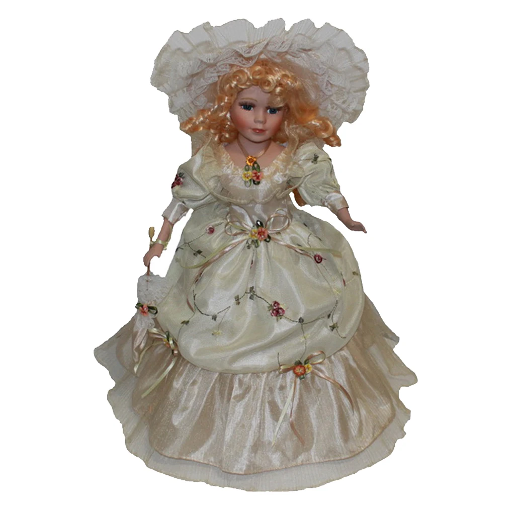 40cm Victorian Porcelain Doll with Beige Long Dress Hat Home Display Decor