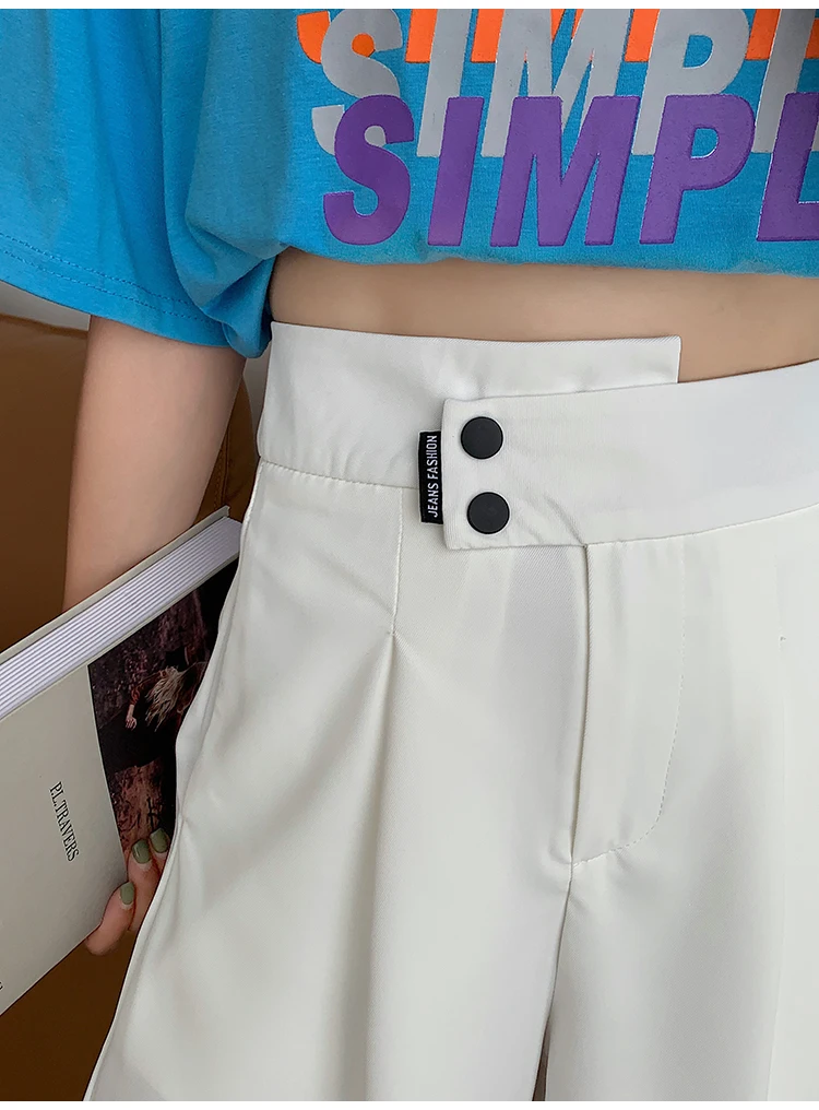 Hb70fd0d8427e449f92a6cd3bacf091121 - Summer Korean High Waist buttons Loose White Shorts