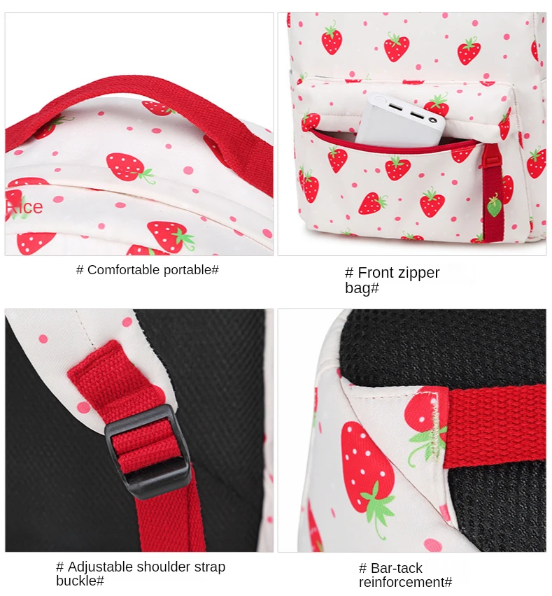 Lovely Strawberry Print Girl Shoulder Bags for Student Waterproof Ployster Backpack Bags for Women Fashion Backbags Fruit Print Stylish Backpacks