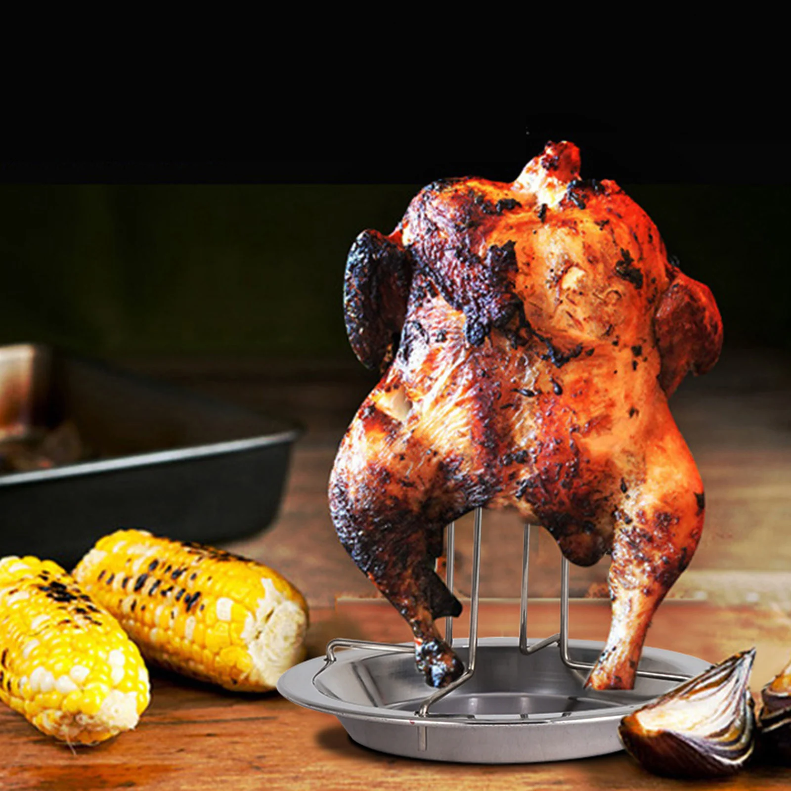 Stainless Steel Chicken Roaster Rack Beer Can Vertical Roaster Chicken Holder with Drip Pan for Oven