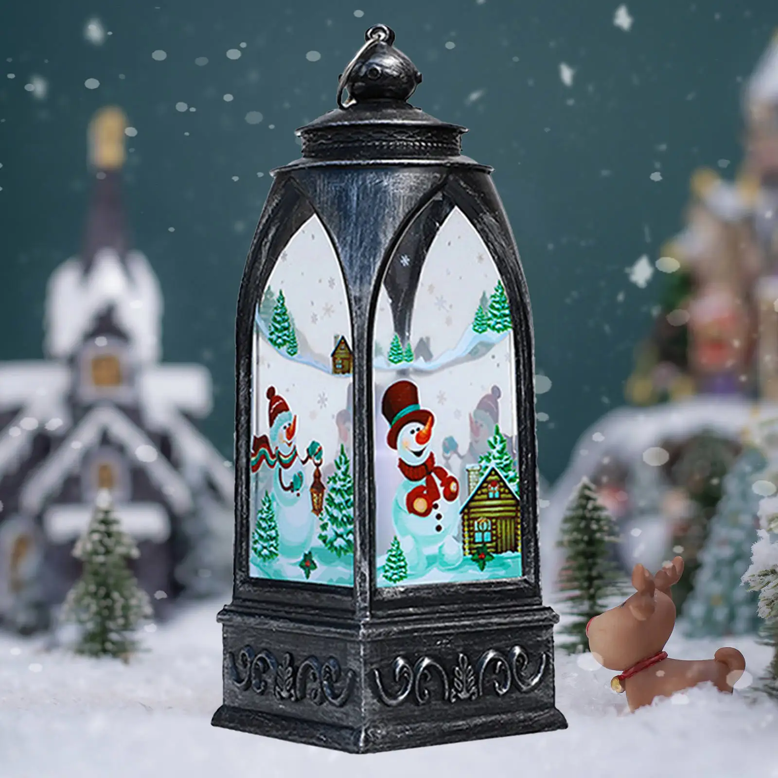 Christmas Lantern Ornament LED Light up Elk Snow Globe Warm Yellow for Decoration Bedroom