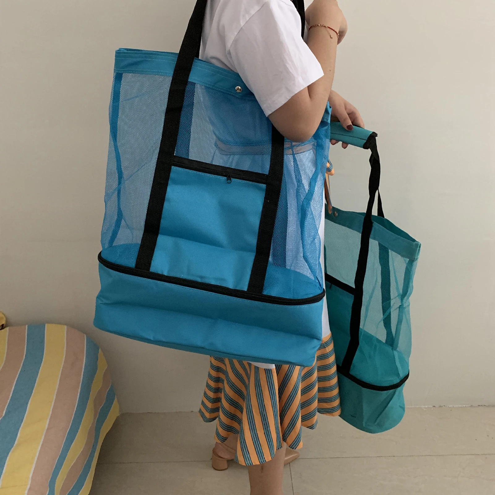 Mesh Bag Beach Picnic Tote Bag Storage Pockets Cooler Backpack Bag Organizer