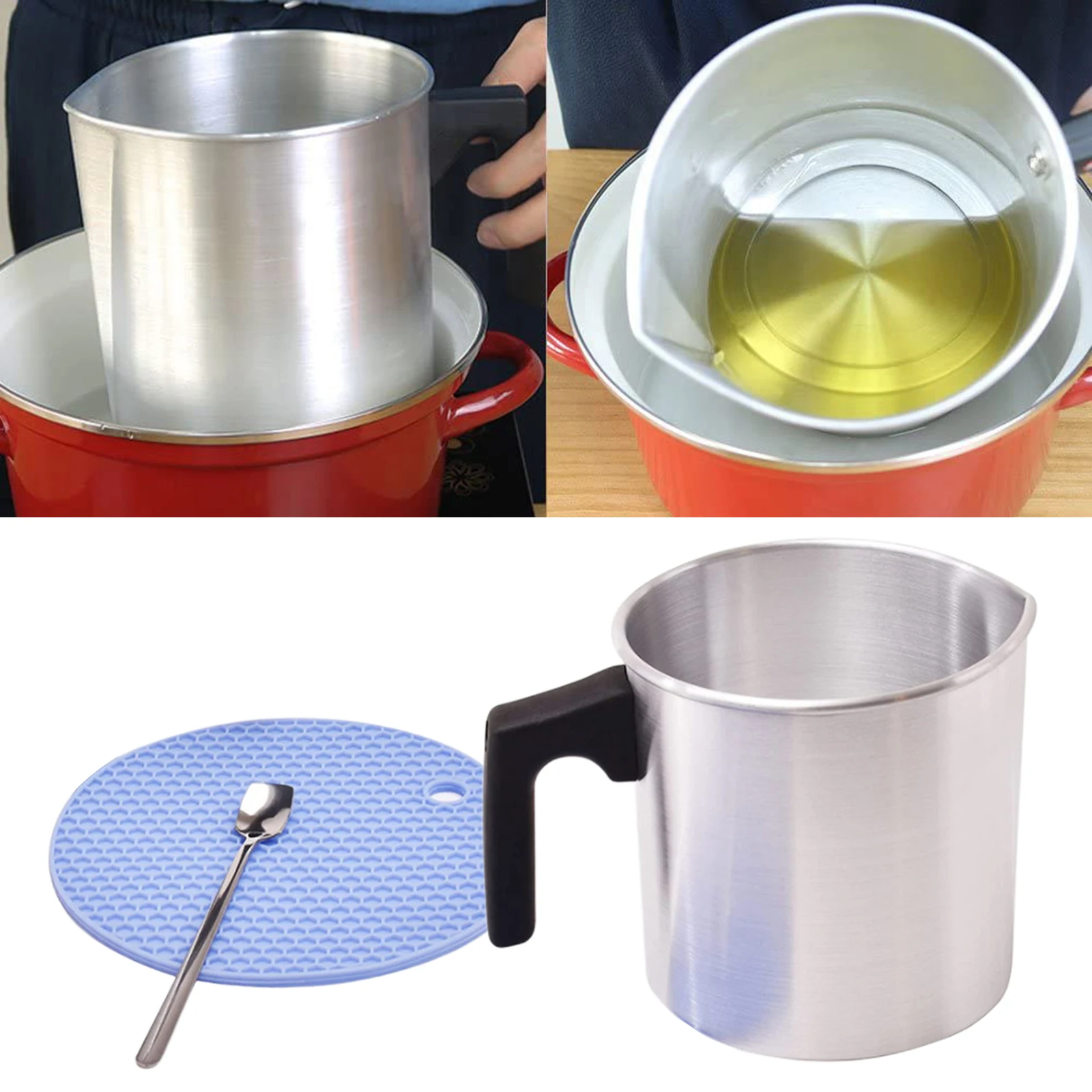 Candle Making Pouring Pot, Dripless Pouring Spout; Heat-Resisting Wax Melting Pot, Aluminum Pitcher w/ Long Spoon and Cup Mat