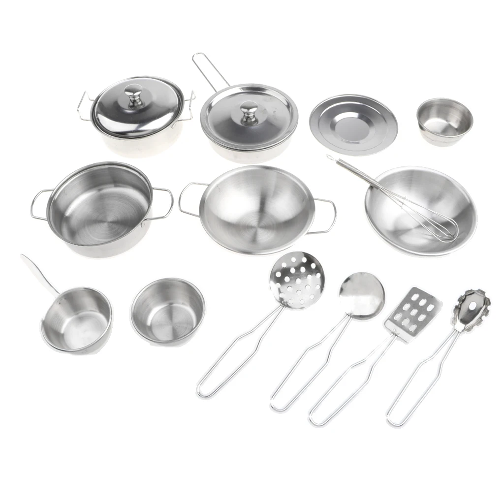 16pcs Stainless Steel Cookware Kitchen Toy Kids Pretend Play House Sets