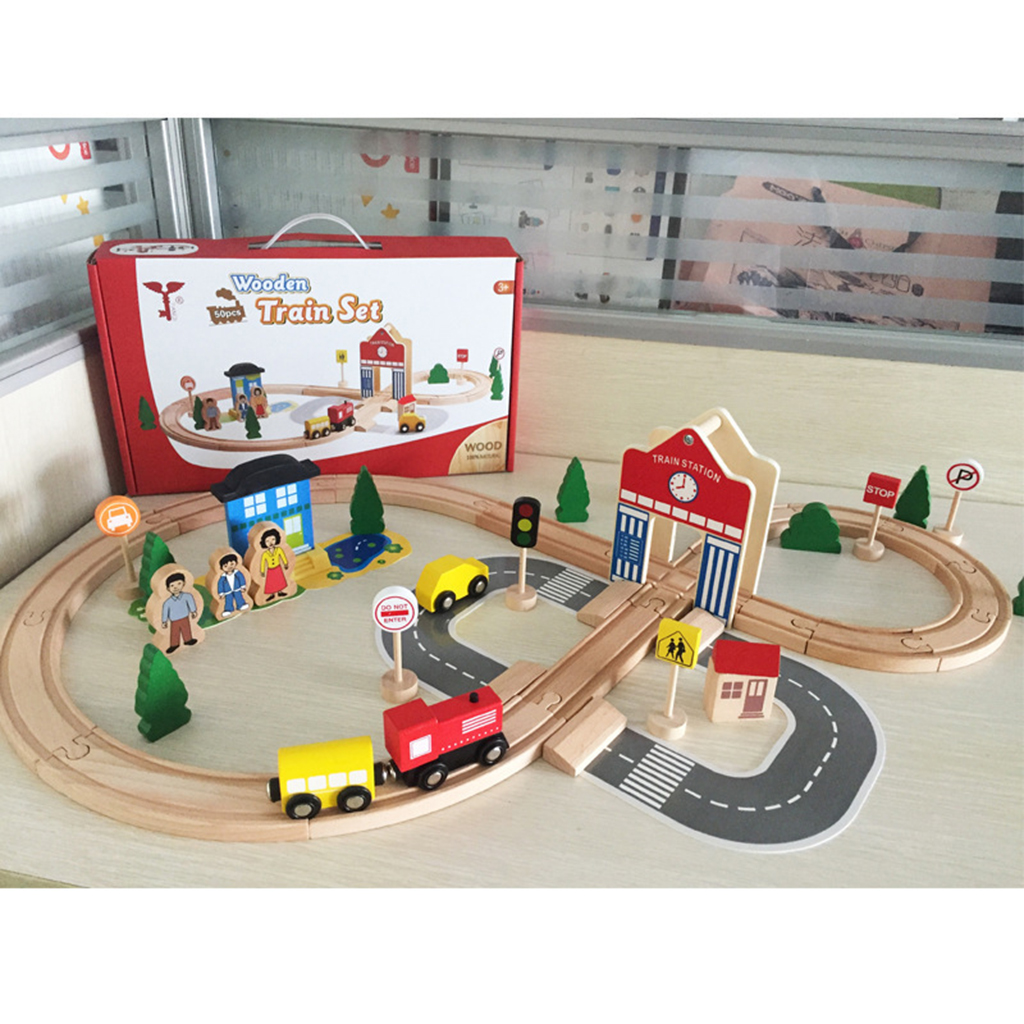 Wooden 50PCS Train Railway Tack Set - Kids Train Car Push Along Playset Toy