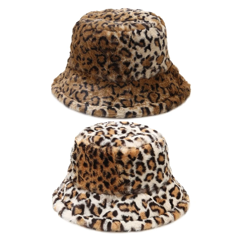 stussy bucket hat Retro Leopard Print Fall Winter Hat Faux Rabbit Fur Hat Outdoor Trend Fisherman Casual Winter Warm Fluffy Bucket Hat pink fur bucket hat